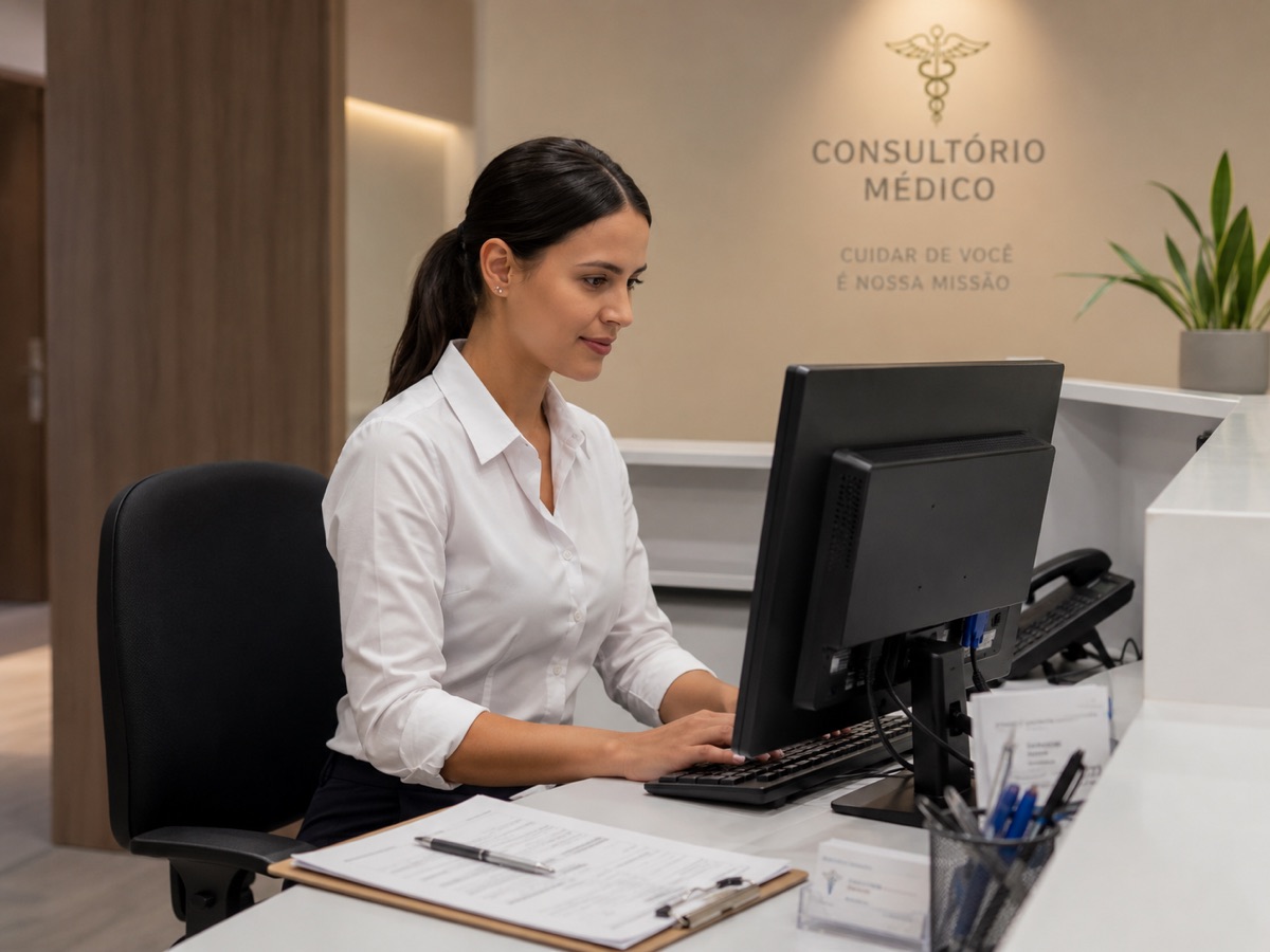 Secretária atendendo na recepção de um consultório médico